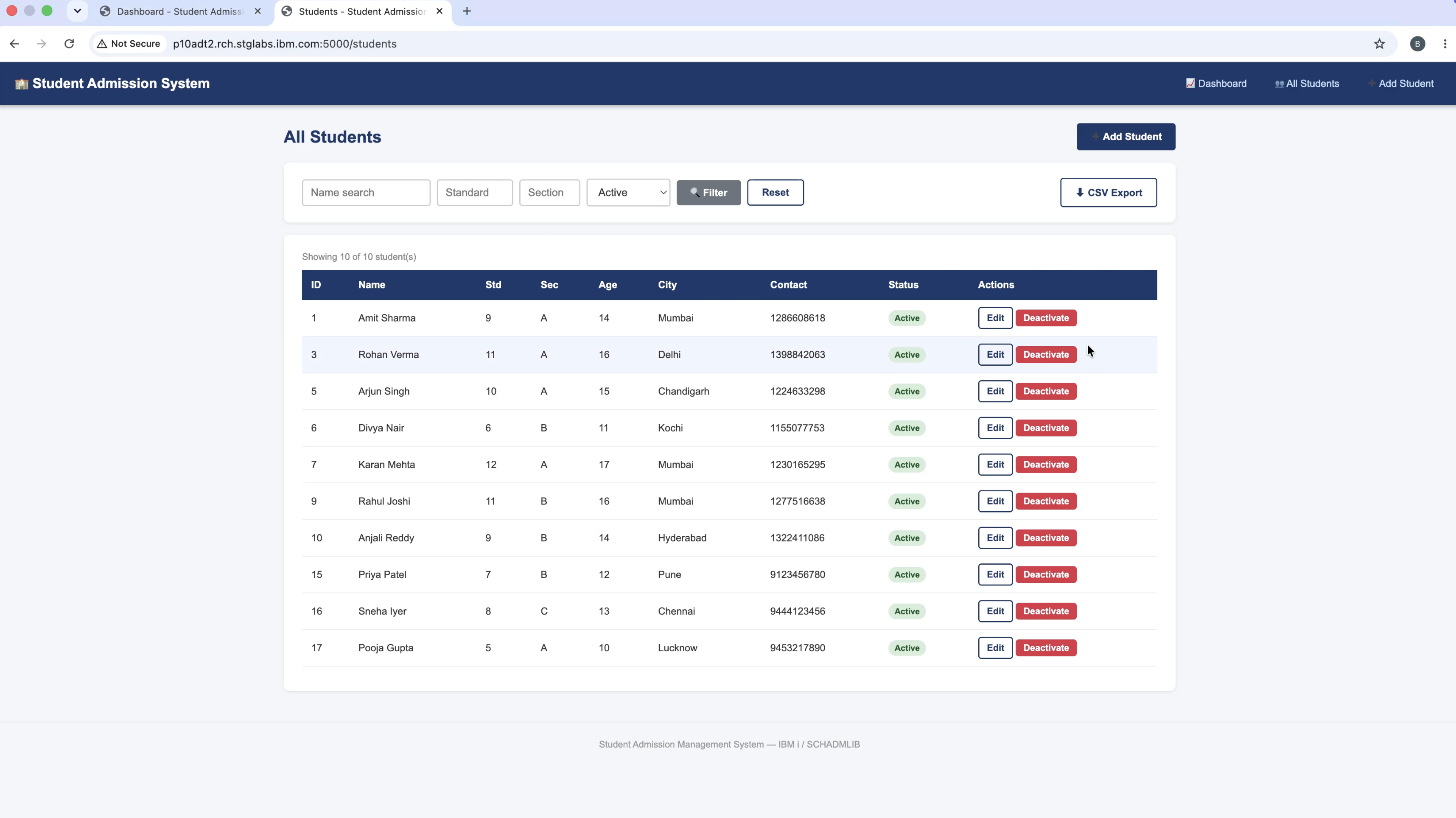 All Students list page — 10 rows, filter bar, sort headers, Deactivate buttons